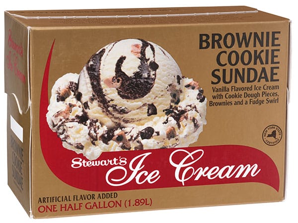 Half Gallon of Brownie Cookie Sundae. This is a vanilla flavor featuring chewy brownie bites, soft cookie dough pieces, and a rich fudge swirl.