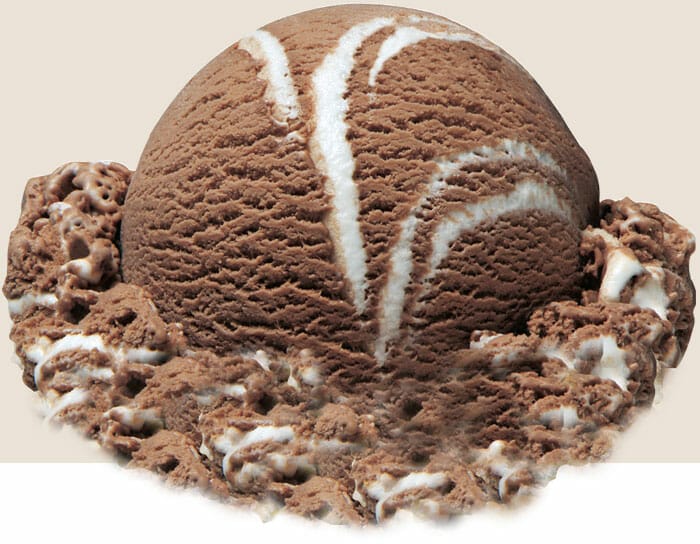 A scoop of Stewart's Chocolate Marshmallow Ice Cream, a rich chocolate ice cream with generous ribbons of marshmallow!
