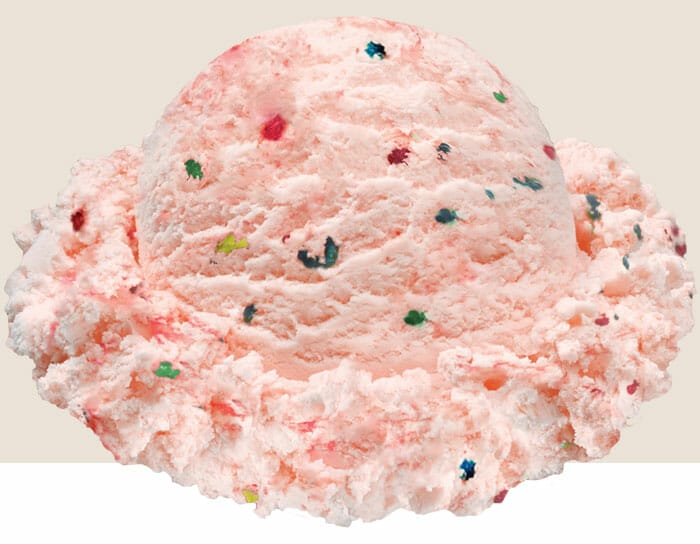 A scoop of Stewart's Cotton Candy Ice Cream. This flavor has a cotton candy base and is sprinkled with multi-colored chocolate chips.