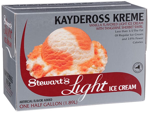 this half gallon of Kaydeross Kreme Light is a creamsicle inspired orange and vanilla ice cream