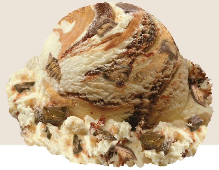 A Scoop of Peanut Butter Pandemonium, a vanilla ice cream with peanut butter cups, and swirls of chocolate fudge and peanut butter