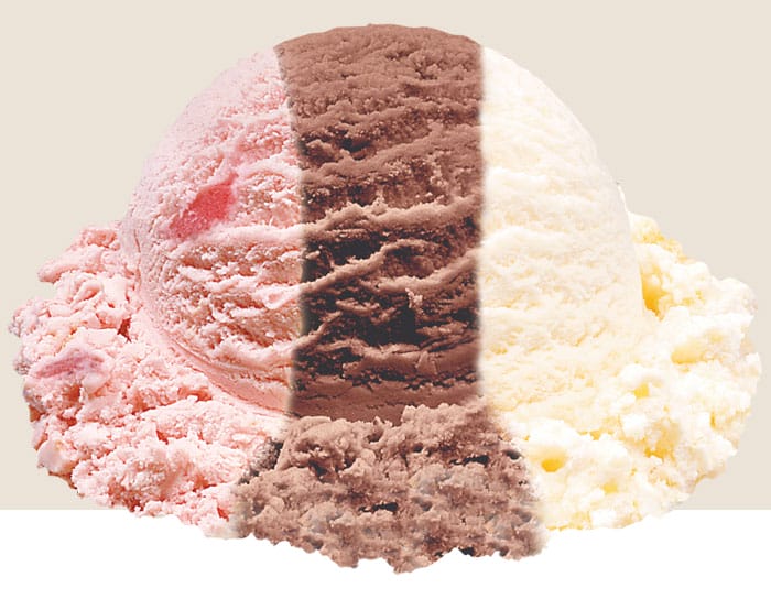 Scoop of Stewart's Vanilla Chocolate Strawberry Ice Cream is an ice cream with three flavors!