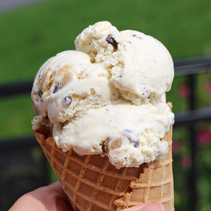 cookie dough ice cream on waffle cone