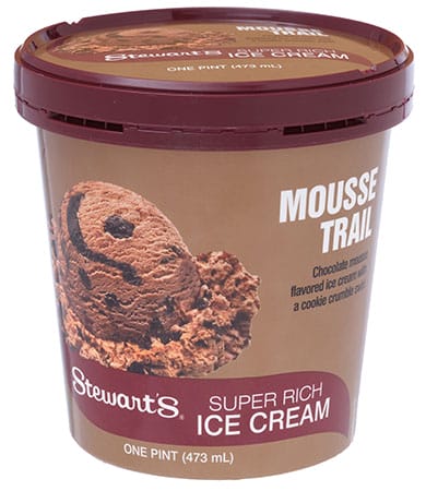 A pint of Mousse Trail, a chocolate mousse ice cream is enhanced with a decadent cookie crumble chocolate swirl.