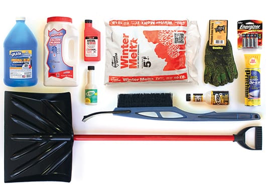 winter essentials like shovel, deicer, ice melt, gloves etc.