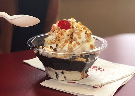 Hot fudge sundae with toppings