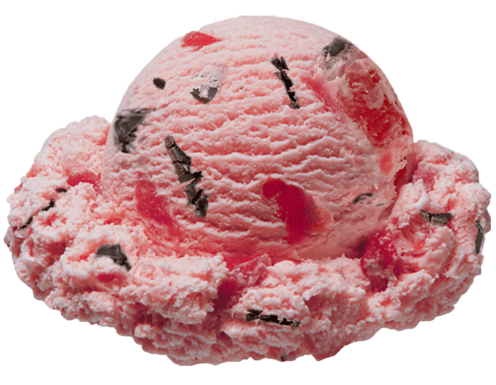 Scoop of Cherry Loves Chocolate, a cherry and chocolate ice cream with red cherries.