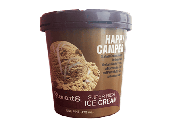Happy Camper is a graham cracker ice cream with graham cracker pieces, a marshmallow swirl, and chocolate peanut butter cups pint