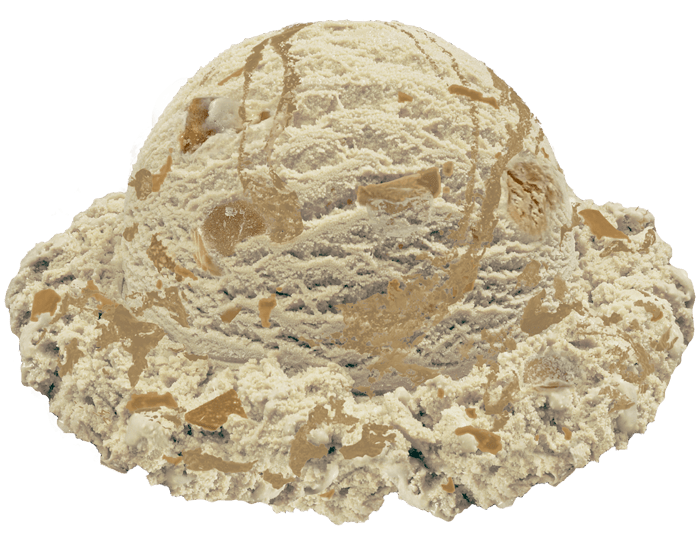 A scoop of Peanut Butter Cookie. This Cookie Dough Ice Cream has a Peanut Butter Cookie Swirl and Chunks of Peanut Butter Cookie Dough.