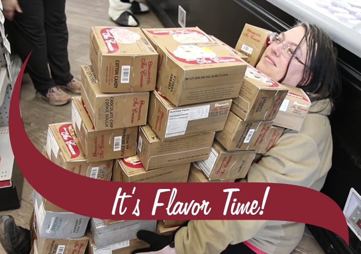 A stewart's customer holding 50 half gallons of ice cream with the words It's Flavor Time