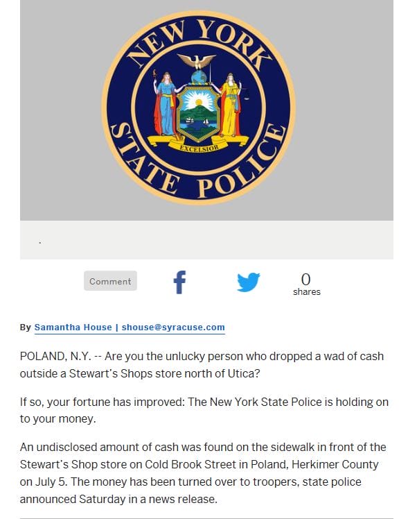 State Police Announcement to Find owner of lost money in Poland, NY