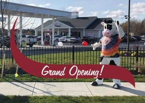 Flavor the Cow in front of the newest Stewarts Shop location in Latham