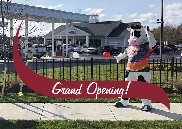 Flavor the Cow in front of the newest Stewarts Shop location in Latham