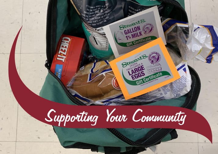 Backpack filled with groceries and Stewart's gift certificates.