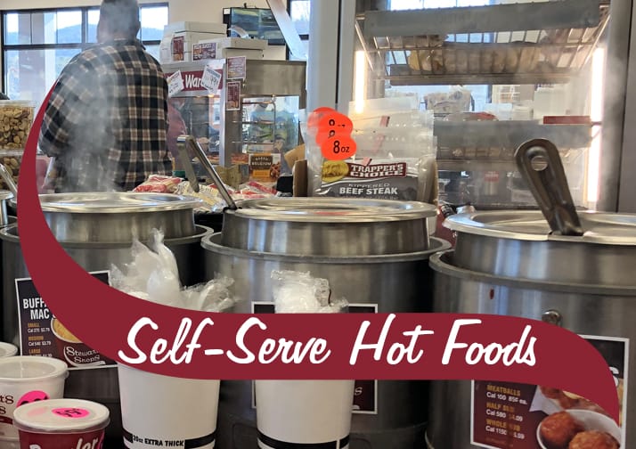 Self-serve hot foods with crock pots in image