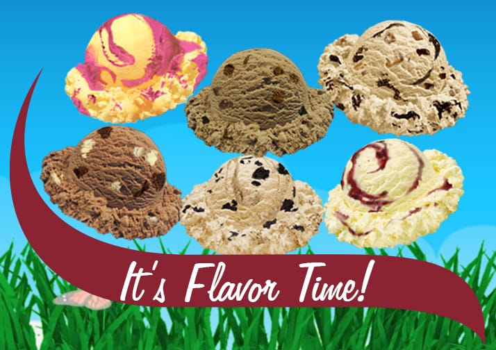 It's Flavor time. ice cream scoops over a blue sky