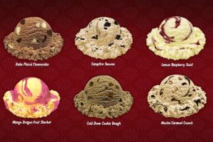 scoops of ice cream, Bake Placid cheesecake, campfire smoreo, Lemon raspberry swirl, mango dragon fruit sherbet, cold brew cookie dough, and mocha caramel crunch