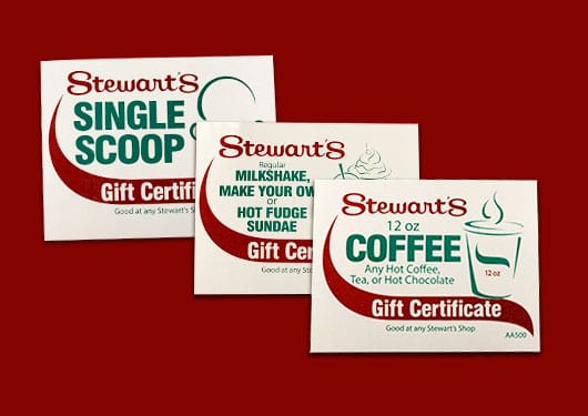 Stewarts gift certificates for coffee, single scoop cone, milkshake and sundae