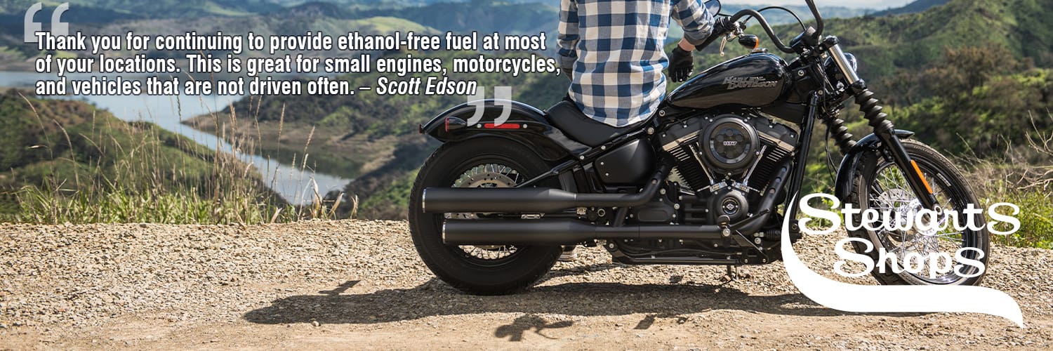 Non Ethanol Gas Page: motorcycle in front of mountain, Thank you for continuing to provide ethanol-free fuel at most of your locations. This is great for small engines, motorcycles, and vehicles that are not driven often. – Scott Edson