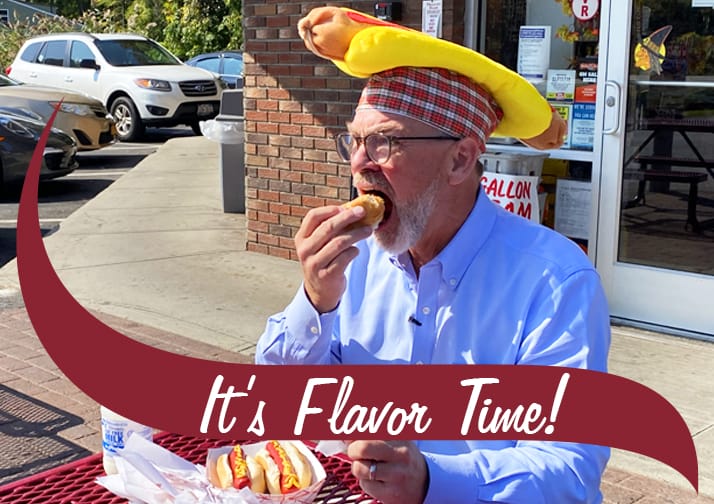 Gary eating hot dogs