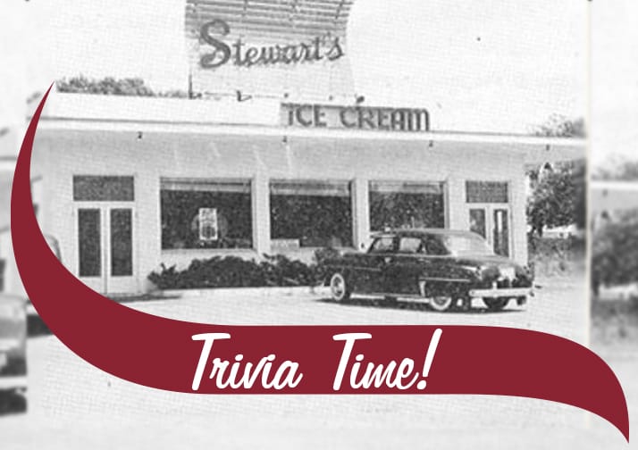 Photo of a Stewart's Ice Cream Shop from 1945, with a "Trivia Time" wave.