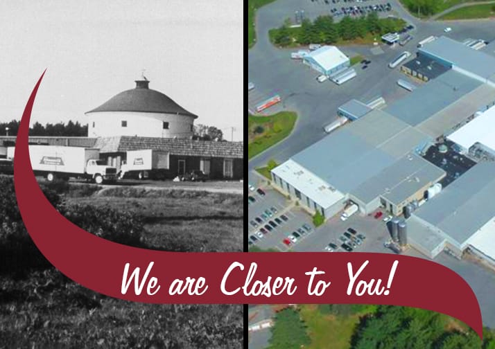 A slit image of the old Stewarts plant and the current stewarts plant. We are closer to you written in the logo wave.