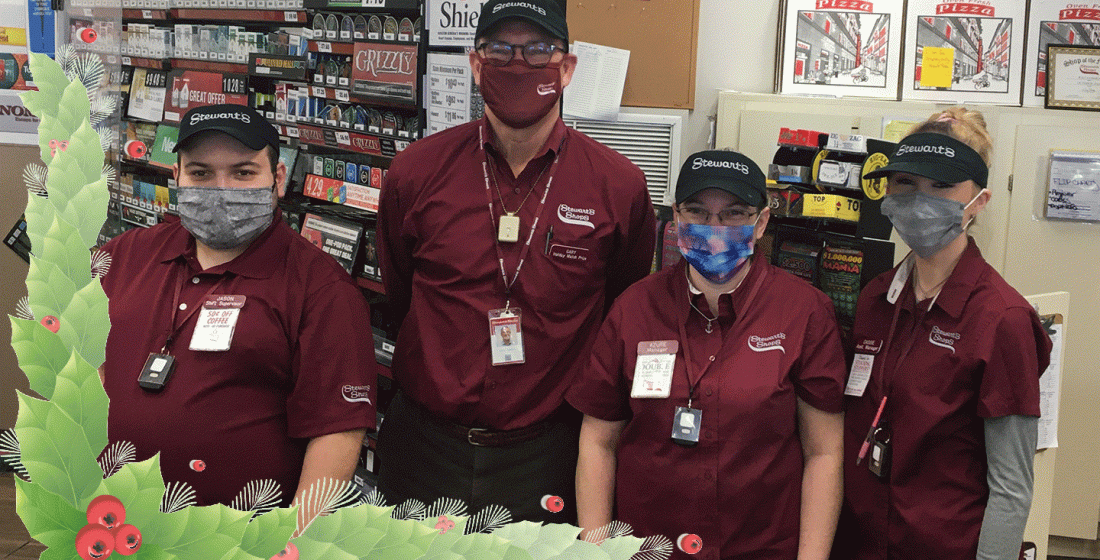 4 Stewarts employees wearing masks and uniforms