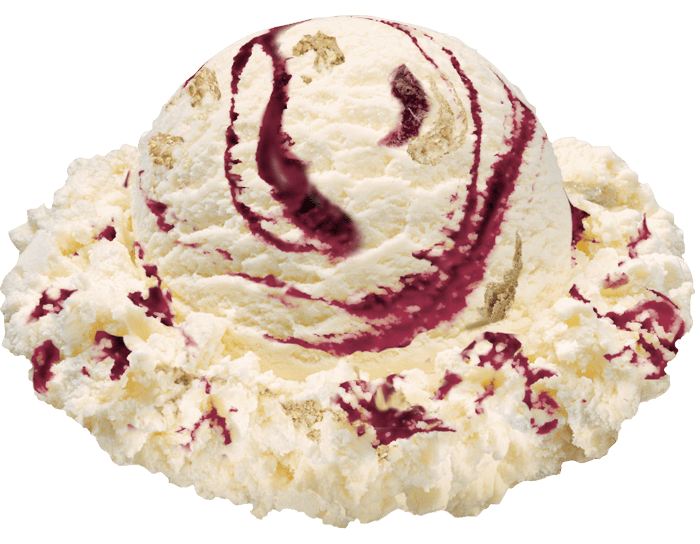 A scoop of Stewart's Raspberry Cheesecake, it has a raspberry swirl and pie crust pieces.