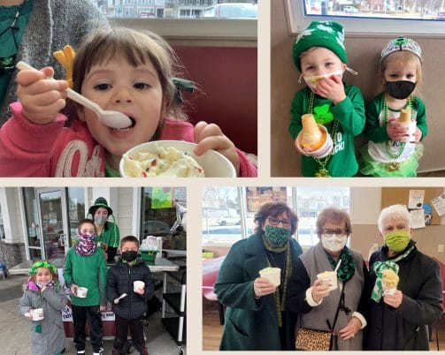 Collage of customers enjoying single scoop cones on St. Patrick's Day