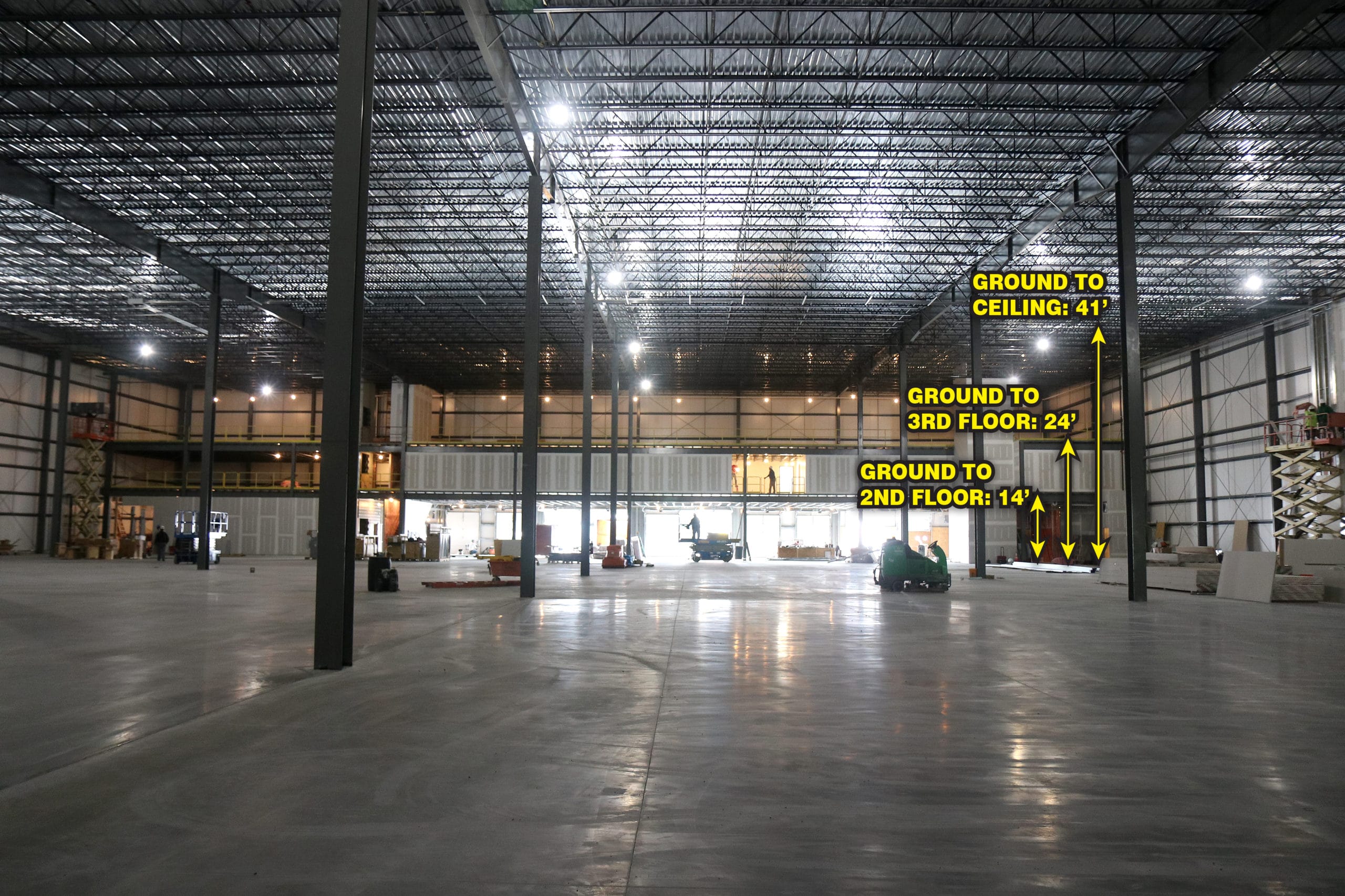 interior of stewarts plant expansion project. Ground to celiling 41 feet, ground to 3rd floor 24 feet, ground to 2nd floor 14 feet.
