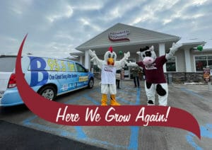 New Stewarts Shop in Ballston Spa. two mascots standing in front of the ice cream and coffee shop