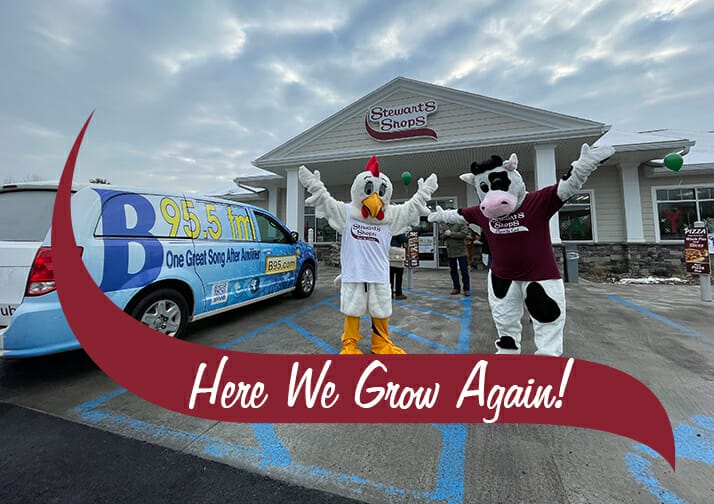 New Stewarts Shop in Ballston Spa. two mascots standing in front of the ice cream and coffee shop