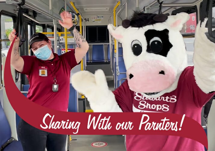 flavor the cow and a Stwart's Shop Partner on a CDTA bus