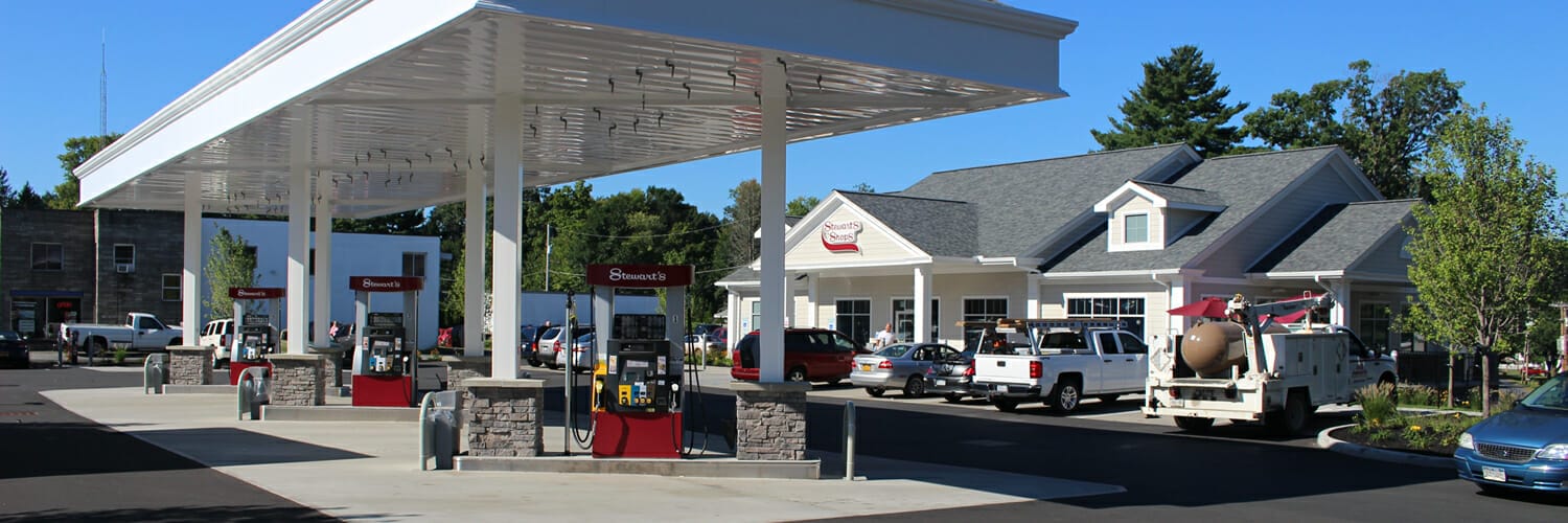 A Stewart's Shop with gas island including non-ethanol gas