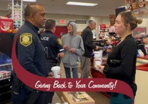 Cops and Customers talking while drinking coffee