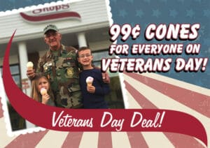 99 cent veterans day single scoop cones for everyone. image of a veteran and 2 boys eating ice cream.