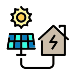 cartoon image of solar panels connected to a house with a wire and a sun in the background 