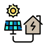 cartoon image of solar panels connected to a house with a wire and a sun in the background 