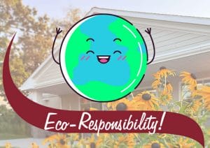 Title page for Eco-Responsibility blog. There's a shop in the background and in the foreground there's a cartoon earth with a smiley face.