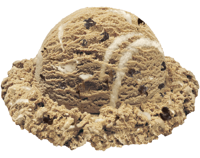 A scoop of Stewart's Daily Grind ice cream, made of premium coffee ice cream ribboned with a marshmallow swirl and fudge coated espresso pieces.