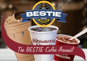 Stewart's wins Bestie Award, shows the Bestie logo and Stewart's hot and iced coffee and chili