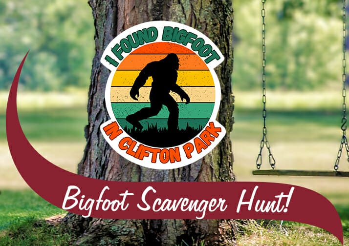 Bigfoot scavenger hunt in clifton park. Bigfoot sticker on a tree.