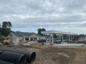 construction of a Stewart's shop, view of gas pumps