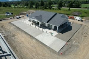 drone view of a shops finished exterior just after construction. 