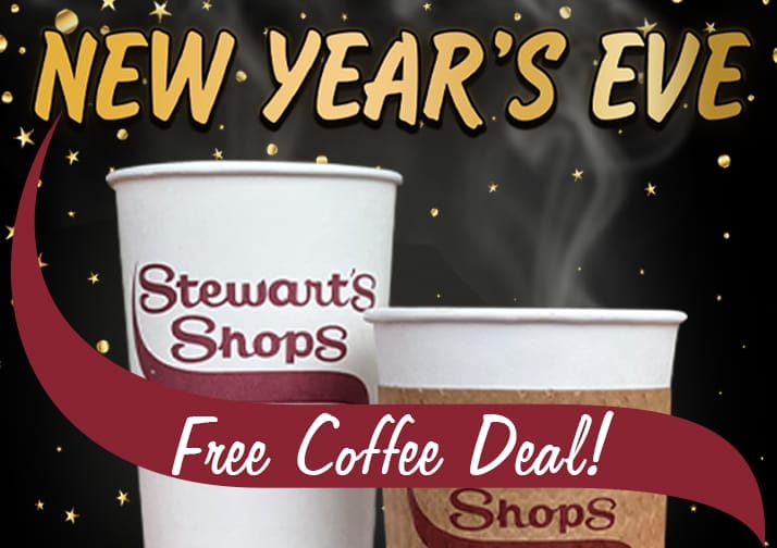 NYE Free Coffee after 6pm. 2 Stewart's hot coffees, white cups, left is a large and the right is a small.