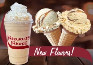 Try our new flavors like the Coffee Shake (on the left), Salted Caramel Cheesecake (in a cone on the right), Civility (a salty caramel ice cream) (seen in a cone in the middle).