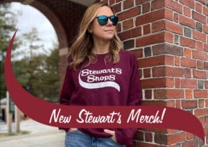 Stewart's introduced a maroon crewneck sweatshirt at our Online Shop and it quickly has become one of our hottest items. Girl wearing crewneck.