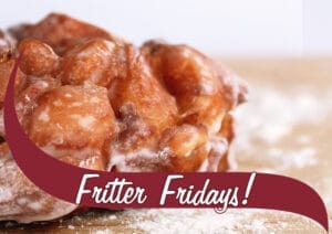 Picture of an apple fritters with a wave in front that reads "Fritter Fridays!"