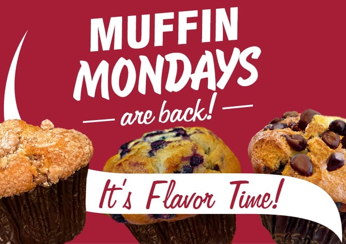 Three different muffins and an image that reads Muffin Mondays.
