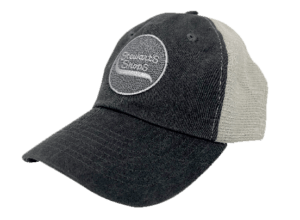 Gray and white trucker hat with Stewart's graphite logo on front. 